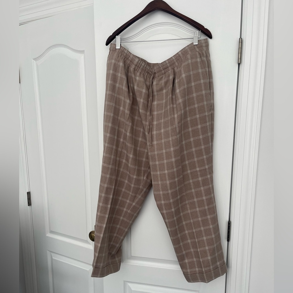 Ann Taylor Factory XL Windowpane Plaid Pull-On Pants Taupe Elastic Waist Pockets - Picture 2 of 7